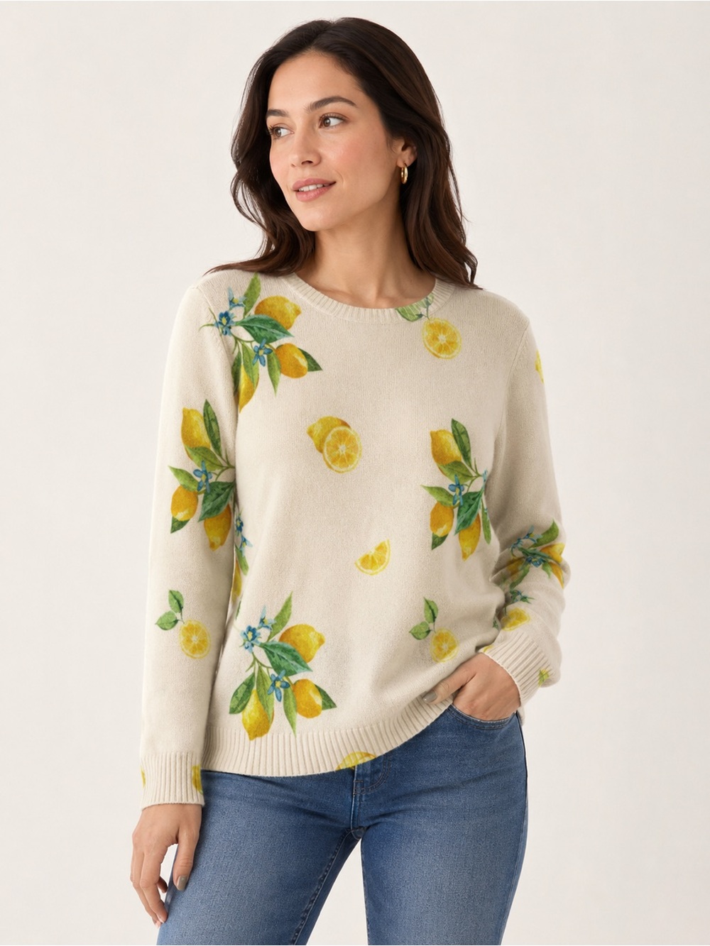 C By Bloomingdale’s Cashmere Cream Color With Lemon Citrus Print Sweater
